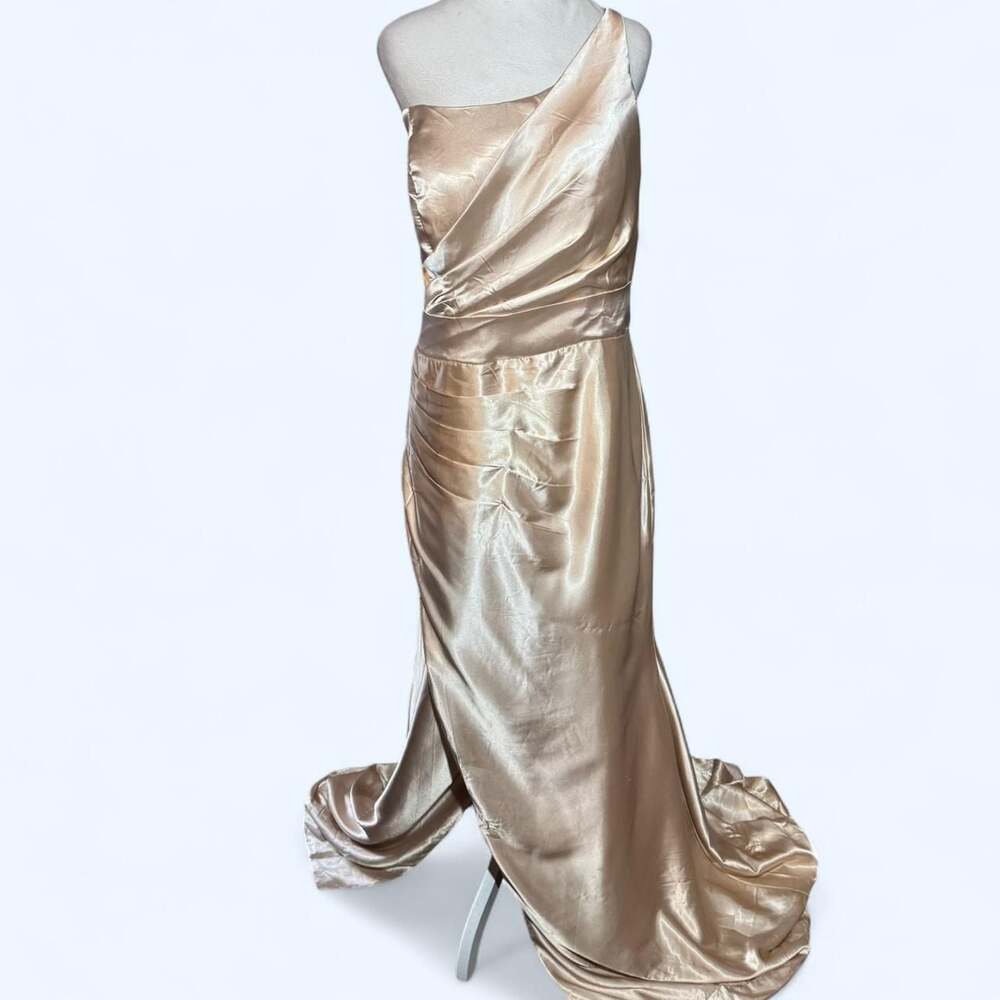 Champagne Satin One-Shoulder Evening Gown with Slit & Corset Back, Size 16